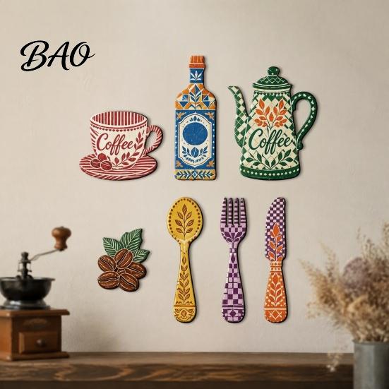 Wooden Wall Ornaments 7Pcs Coffee Themed Decor, 2D Flat Farmhouse Kitchen Art Plaques, Country Style for Dining Room Cafe Home Decoration Customizable