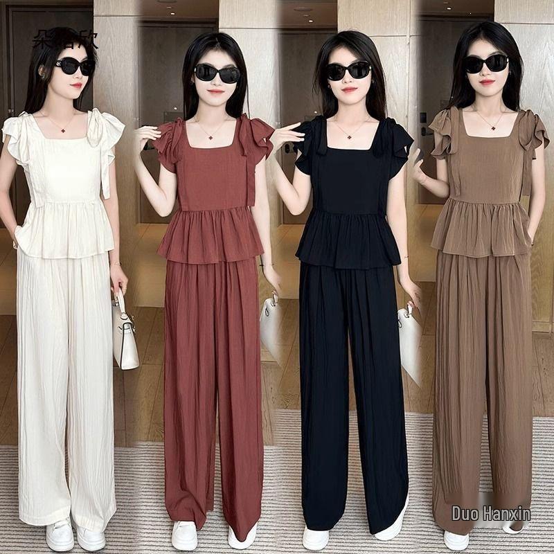 Ice Silk Plus Size Women's Summer 2024 Set: Stylish Loose Slimming Wide-Leg Pants Two-Piece.