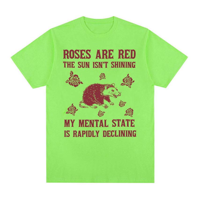 

Проснулся, но какой ценой Винтажная футболка Розы красные Солнце не светит Забавная футболка с опоссумом Мужская Женская Повседневная 100% Хлопковая Футболка 4XL