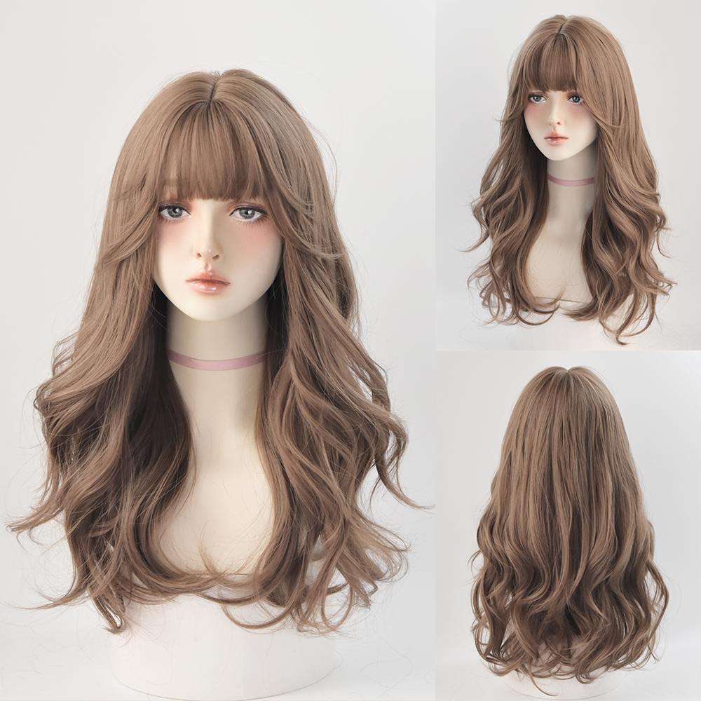 Lange Lockige Haare Damen Perücke mit Pony Täglich Braun Schwarz Rosa Lolita Cosplay Geflochtene Perücken Hitzebeständige Faser Party Kunsthaar