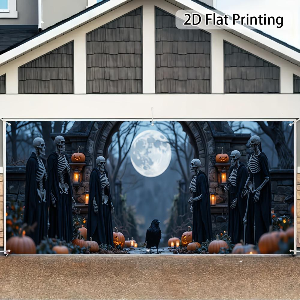 1pc Large Halloween Garage Door Banner - Ghost Skull  Pumpkin Lantern  and Full Moon Background Decoration