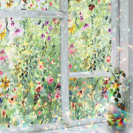 Rainbow Window Film Stain Glass Style Floral Static Clings Non-Adhesive Reusable Window Decals for Living Room Bedroom Kitchen Bathroom
