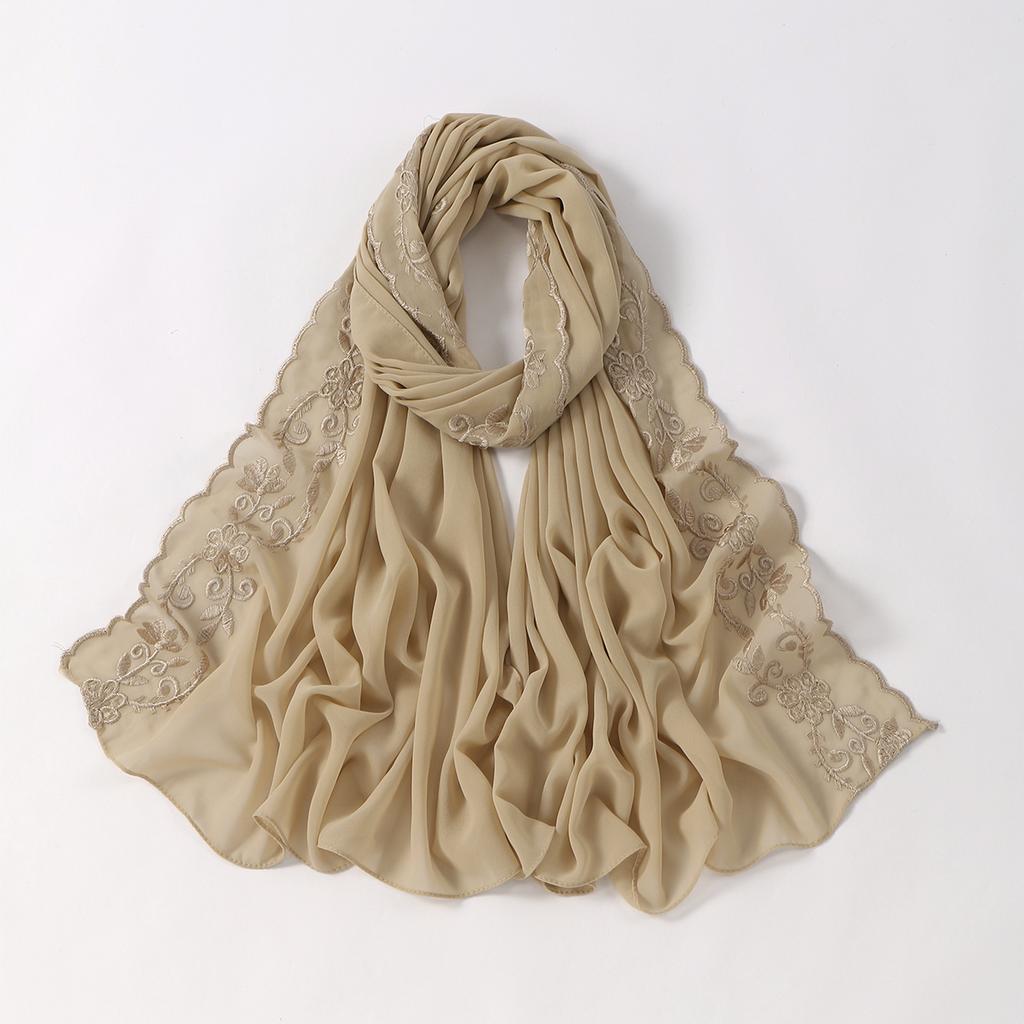Floral Embroidery Edge Chiffon Silk Scarf Women Muslim Hijab Headscarf Soft Wraps Headband Summer Sunscreen Shawls Beach Shawls