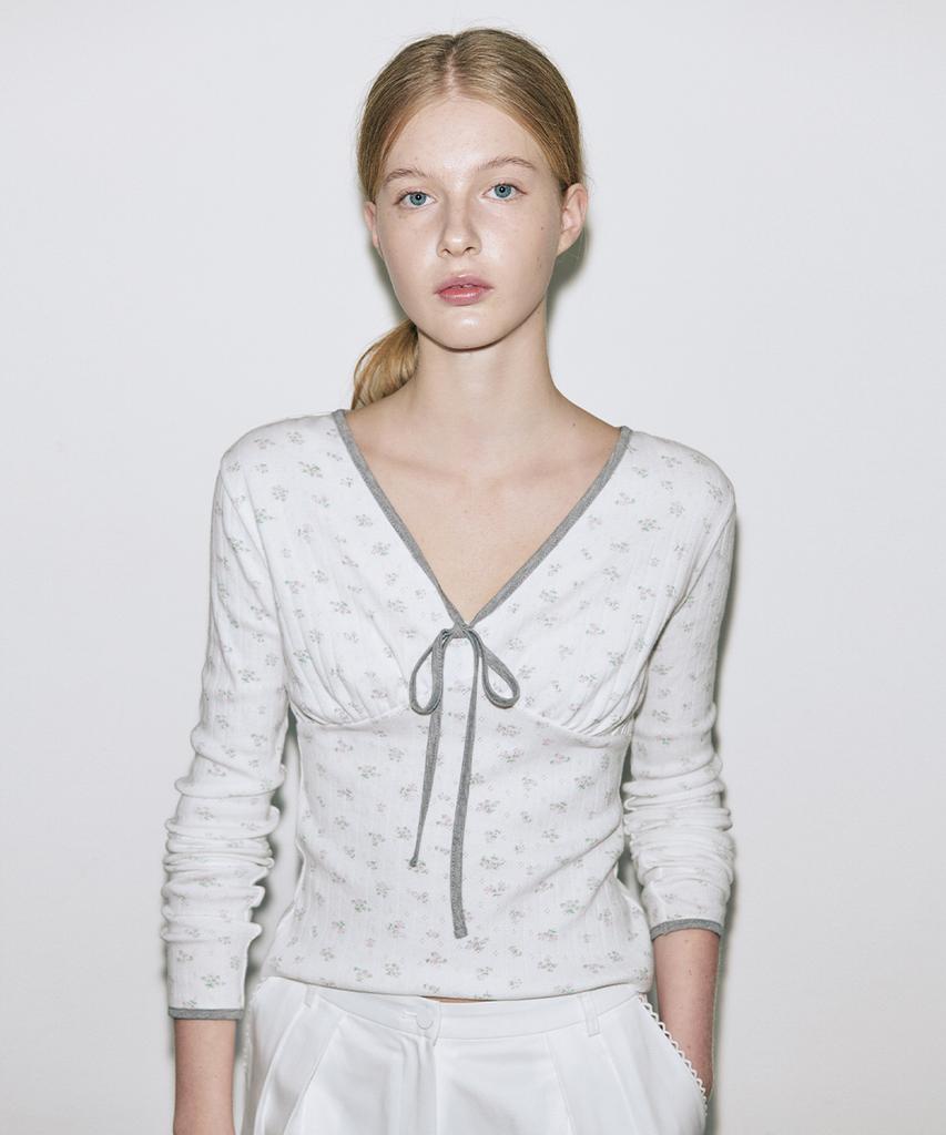SINOON Flower Neck Ribbon T-Shirt (White)