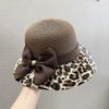 Bow Leopard Print Fisherman Hat for Women Traveling and Vacationing Woven Grass Breathable Sun Protection Basin Hat