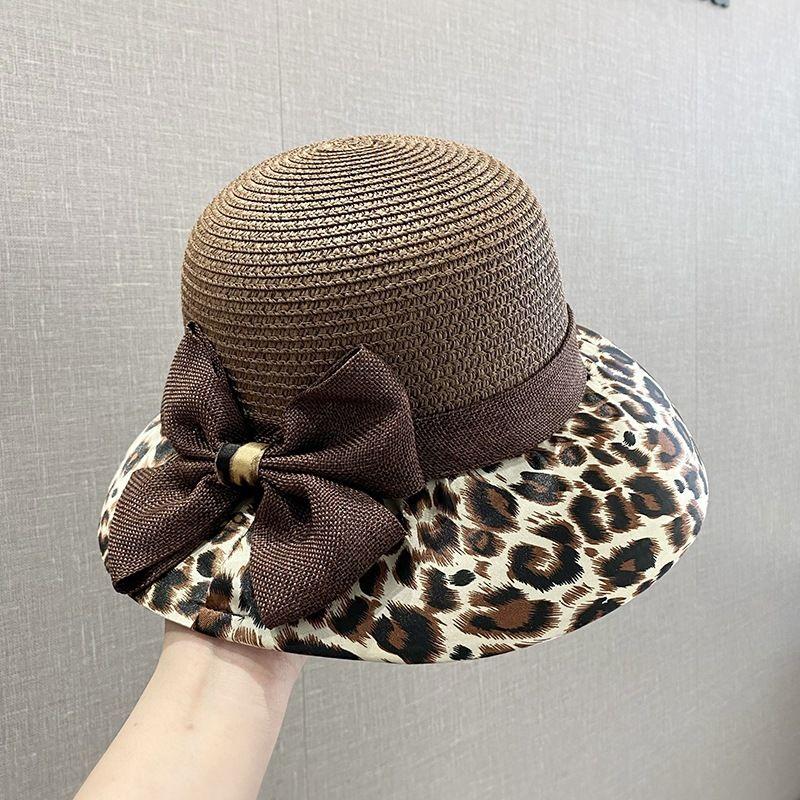 Bow Leopard Print Fisherman Hat for Women Traveling and Vacationing Woven Grass Breathable Sun Protection Basin Hat