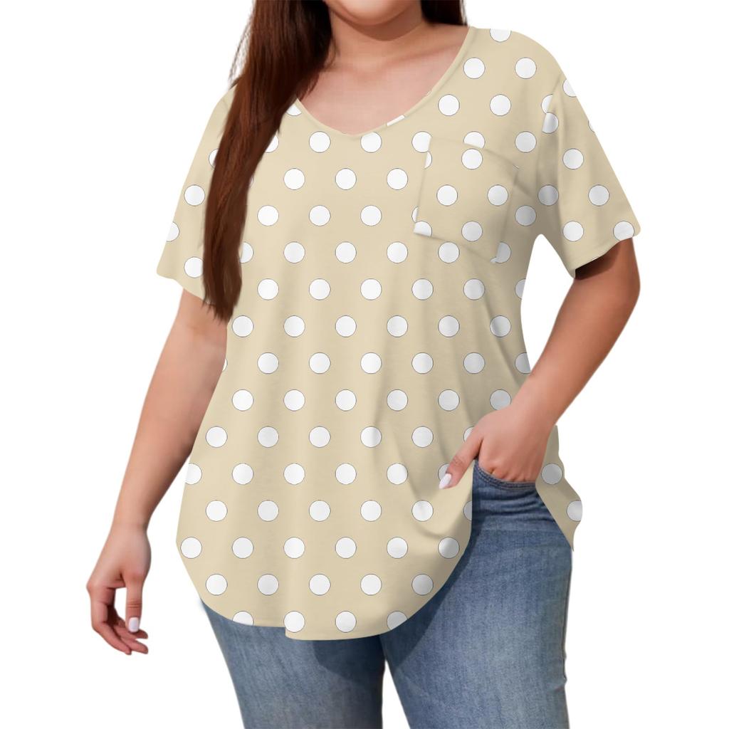 Women's Printing Large Size V-neck Top Loose Pocket T-shirt