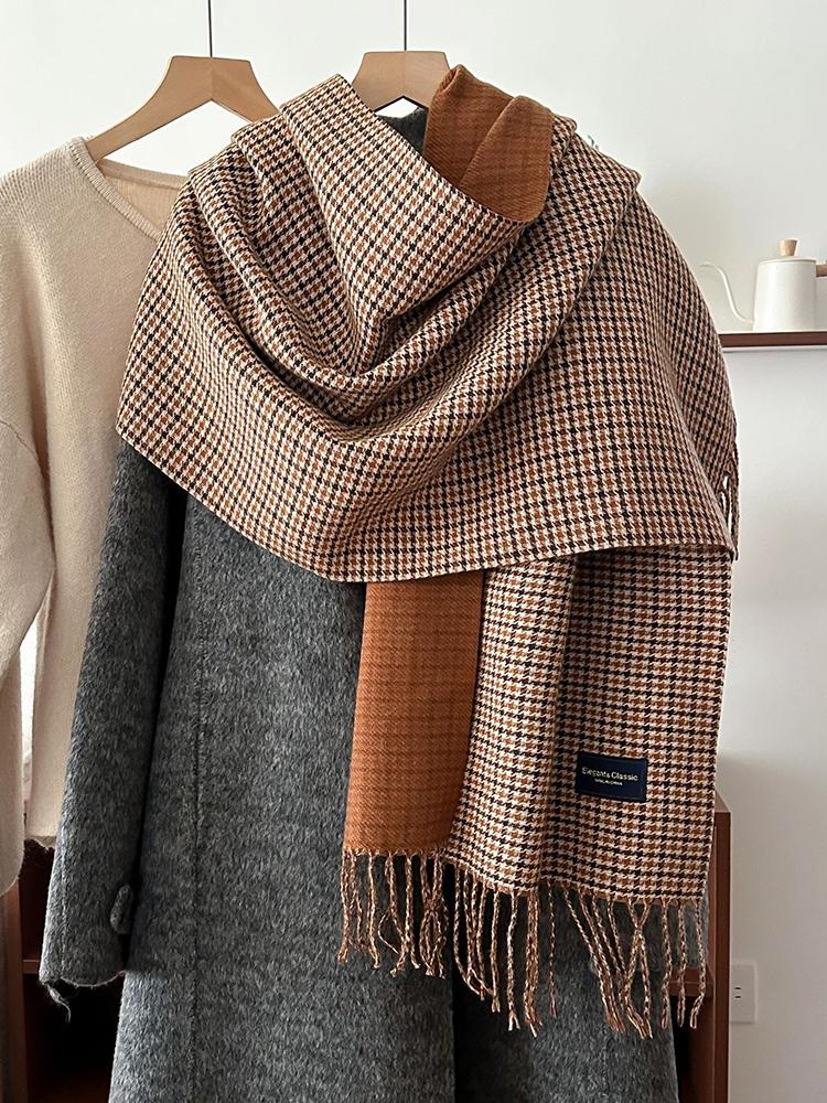 Women'S Imitation Cashmere Retro Houndstooth Knit Scarf Headscarf Casual Tassel Scarve Ladies Mujer Wrap Shawl Winter New Korean