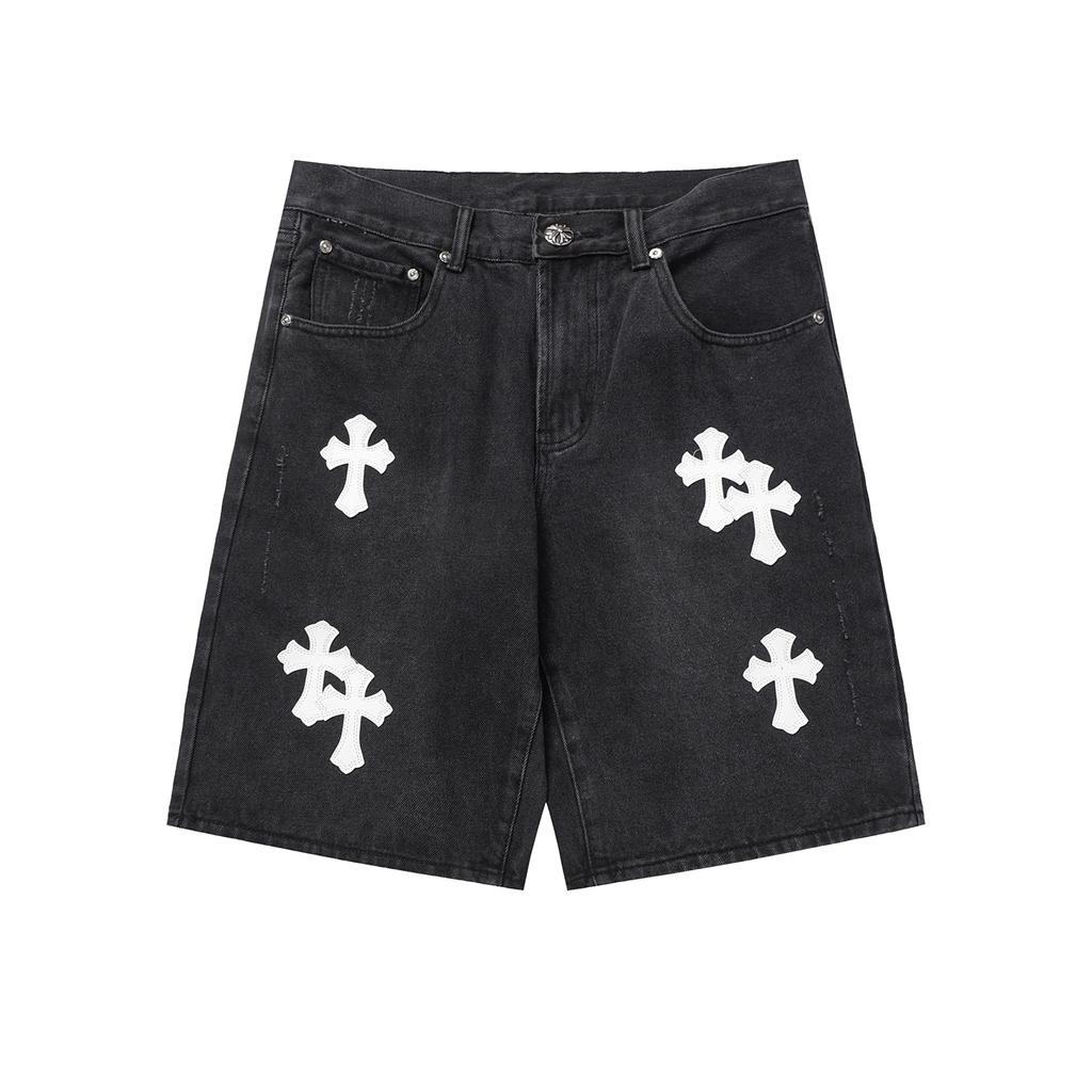 CHROME HEARTS Herren Schwarze Denim Shorts mit Weißen Kreuz-Aufnähern Baggy Streetwear Jorts
