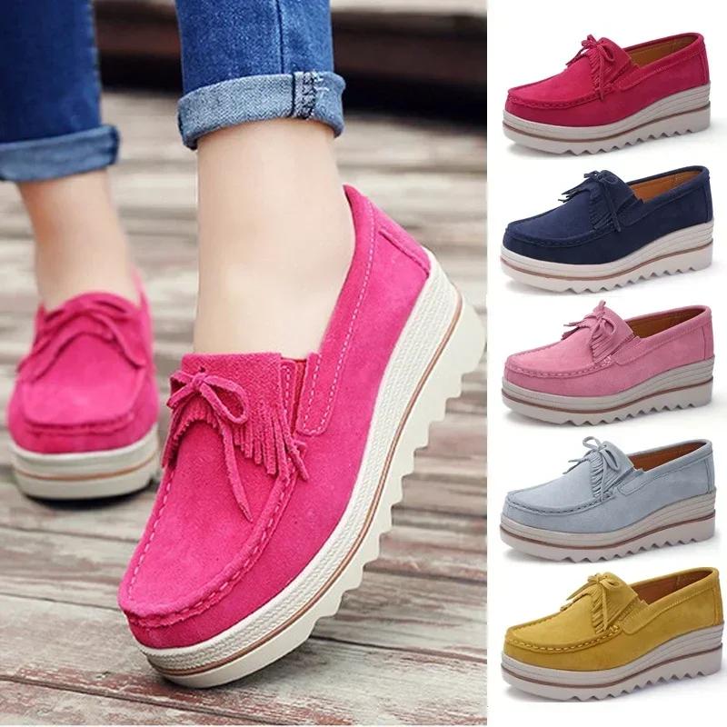 Women Cow Suede Casual Shoe Wedge Platform Height Increasing Single Shoes Tassel Muffin Shake Loafers Mother Walking Shoes 35-42