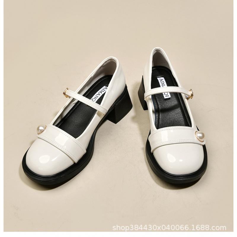 

Small leather shoes muffin thick-soled pearl shallow mouth one-word buckle with loafers Mary Jane single shoes with skirts retro versatile 41 білий