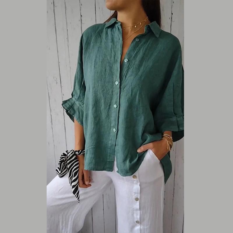 

Жіноча весняна бавовняна лляна сорочка з дизайном на краватці, однобортні жіночі вільні повсякденні блузки Повсякденний стиль для поїздок XL темно-зелений колір