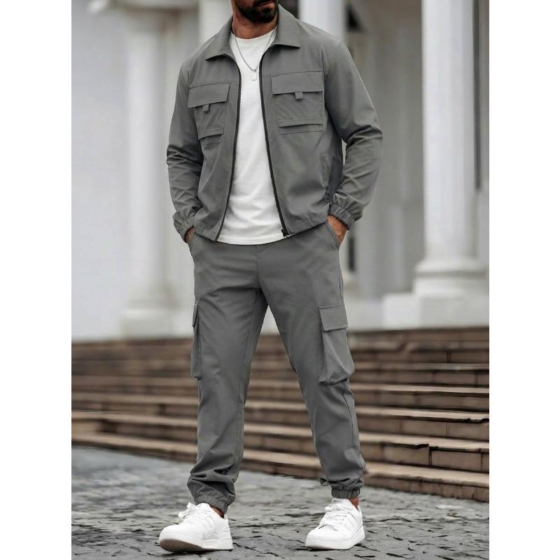 Herren S Einfarbig Langarm Jacke Hose Mehrere Taschen Lässig Arbeitskleidung Zweiteiliges Set