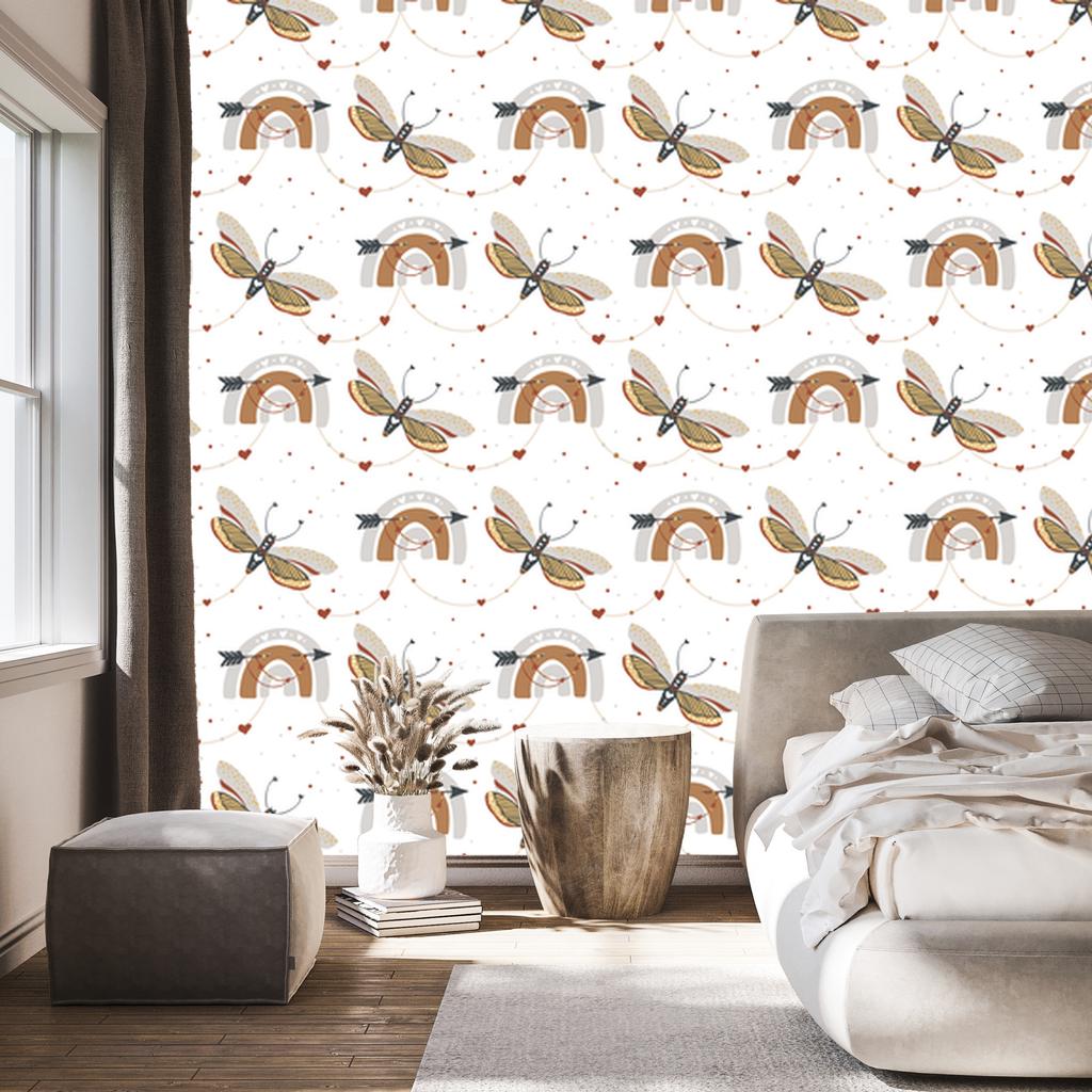 Rainbows and Butterflies Boho Wallpaper, Light Gray and Orange, 50x1000