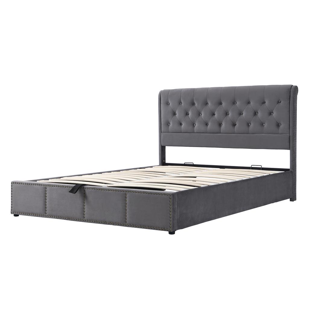 Letto imbottito 140 x 200 cm, con pistone idraulico, letto funzionale con rete a doghe e contenitore, con panca contenitore imbottita, velluto, grigio