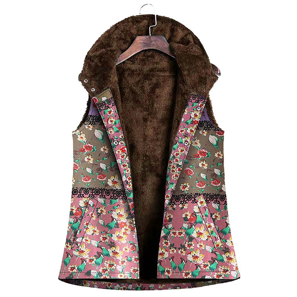Women Vintage Warm Sleeveless Printed Pockets Thicker Hasp Hooded Vest Coat