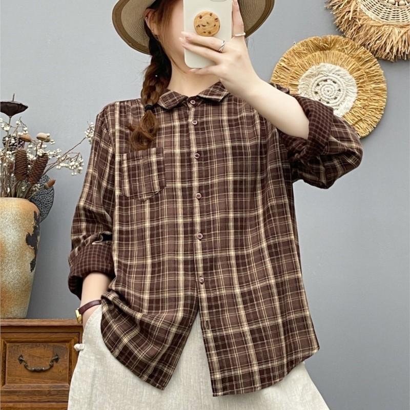 Autumn Women Plaid Shirts Long Sleeve Casual Blouses Turn Down Collar Loose Lady Cardigan Tops Female Clothes College Style