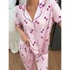 Women Heart Print Pajama Sets Cardigan+Long Pants Two Pieces Suits Summer Lady Casual Home Clothes Female Milk Silk Sleepwear