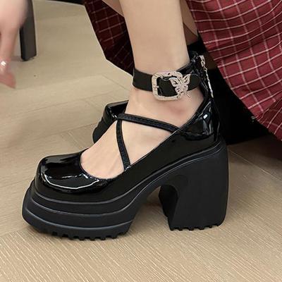 Kuhleder Runde Zehen Plattform Super High Heels Frühling Sommer Schuhe Knöchelriemen Casual Frauen Pumps