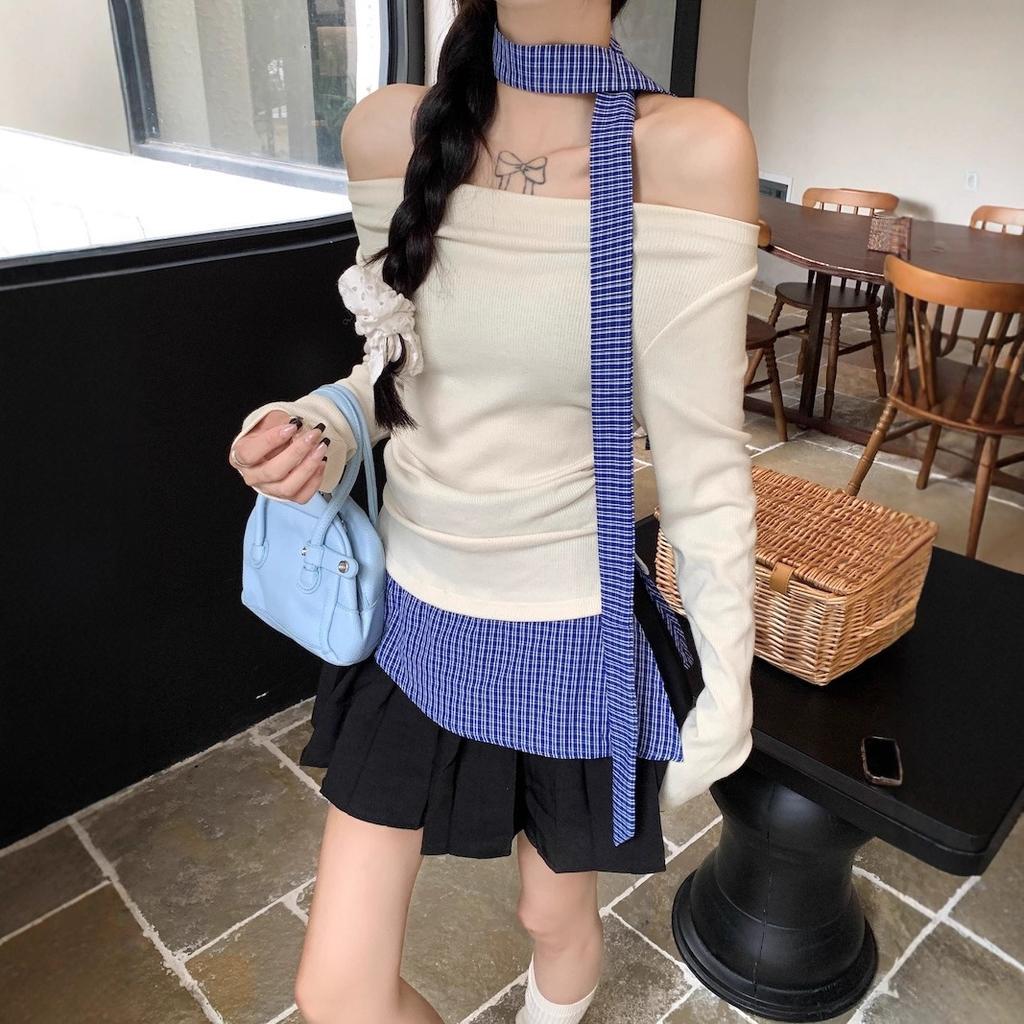 MR [Tmall Quality] Design Plaid Splicing Slim Long Sleeve T-Shirt Women's Niche Fake Two Off-Shoulder Top