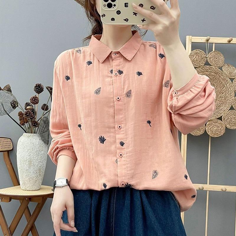 Women lapel leaf embroidery linen long sleeve shirt multi color loose casual bubble cuff button blousee