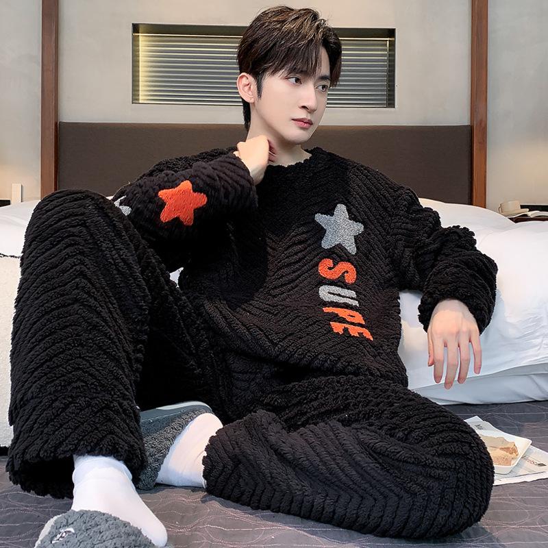 Men's pajamas coral fleece autumn and winter warm home leisure suits can be worn outside plush loungewear men's
