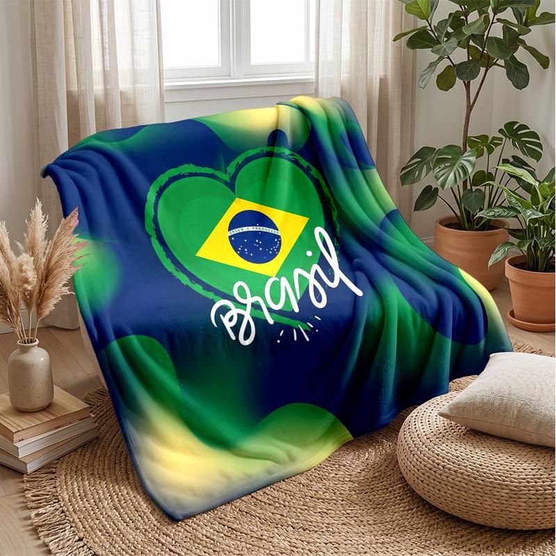 Brazil Football Printed Flannel Blanket Skin Friendly Warm Decorative Throw for Indoor Couch Bed Daily Use