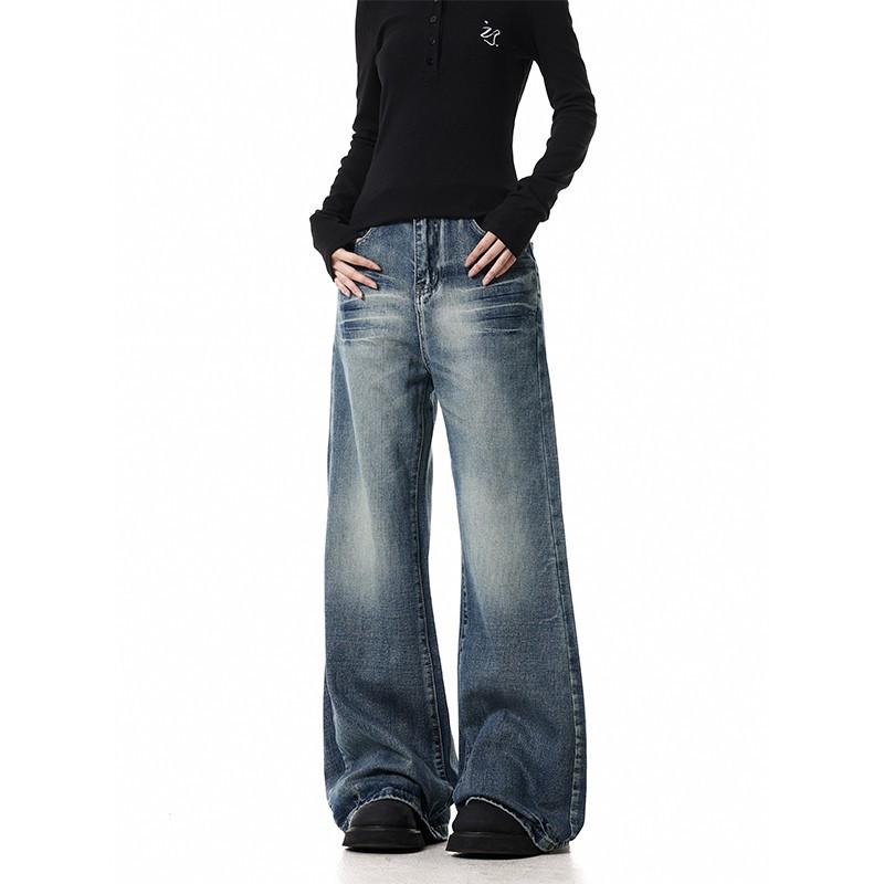 Vintage Washed Whiskered Unisex Straight-Leg Micro Flare Floor-Length Jeans