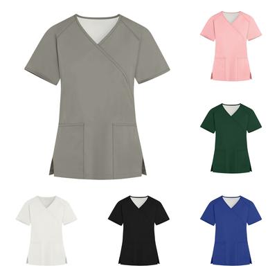 Women's Fashion V-neck Solid Color Short Sleeve Workwear With Pockets  Tops