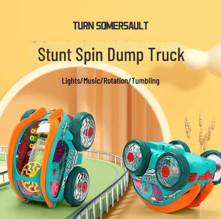 Electric Stunt Dump Truck with Music, Lights & 360° Rotation - Transparent Gear Toy for Kids