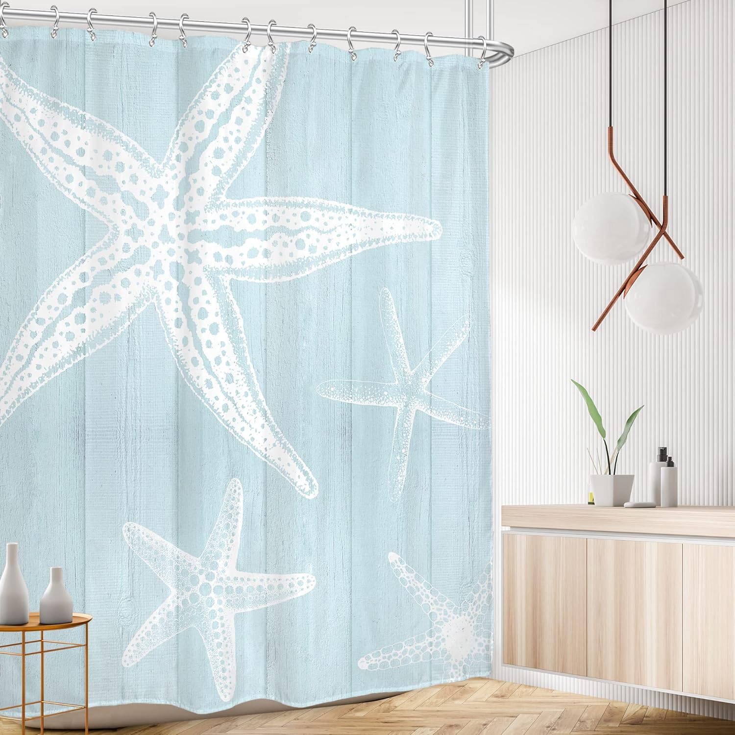 Jessica Chen Blue Beachy Shower Coastal Beach Starfish Farmhouse Nautical Barn Wooden Plank Ocean Vintage Pastel Rustic Country Bathroom
