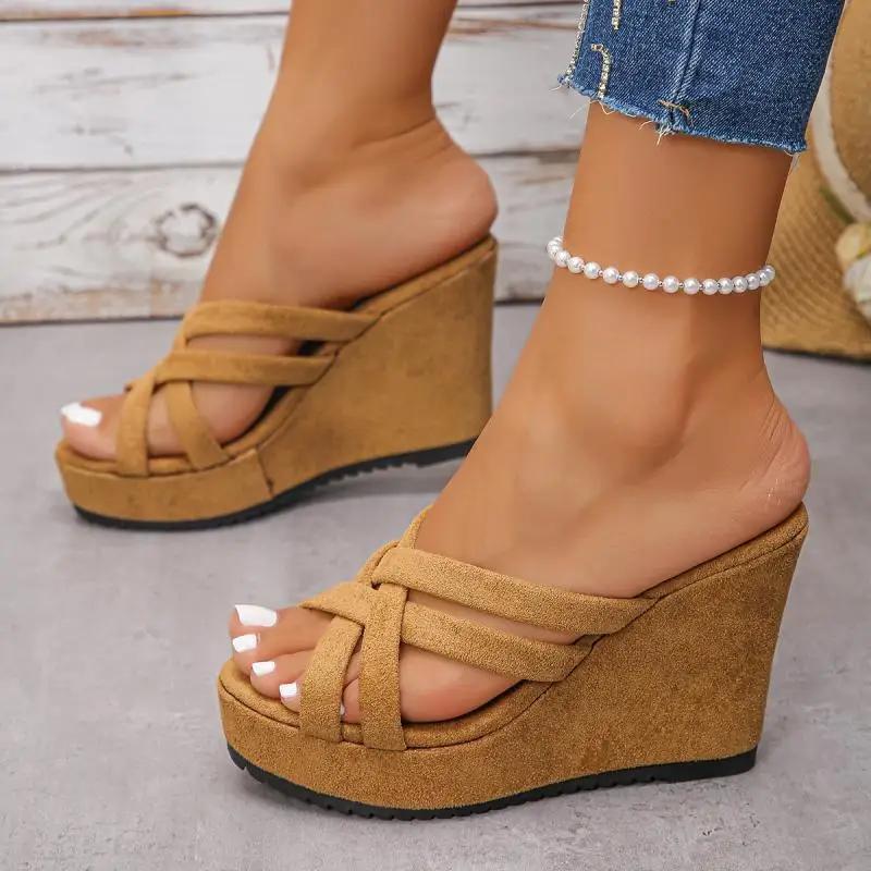 Fashion Casual Suede Cross Strap Slip On Sandals Women 2025 Summer Chunky Platform Wedge Heel Slides Classic Super High Heel Slippers