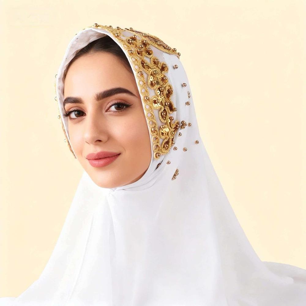 Gold Beads Pearl Chiffon Hijab Scarf Silk Sequin Wraps Shawl Headwraps Islamic Turban  Female