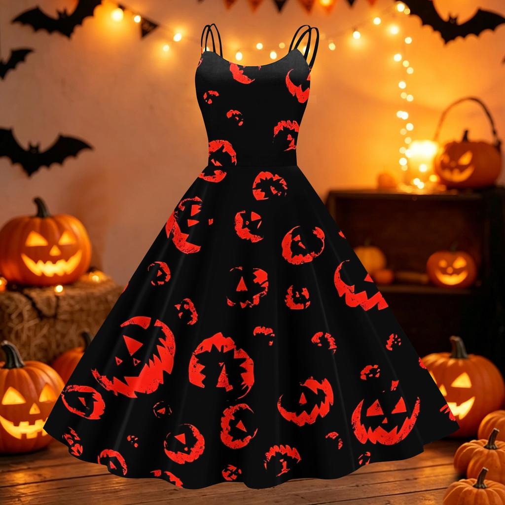 Womens Halloween Print Off Shoulder Dress Vintage Punk Style Sleeveless Spaghetti Strap Flared Skirt Party Dress