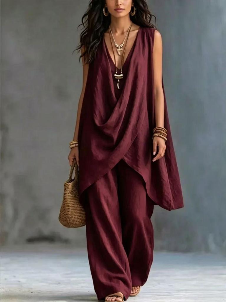 2026 spring and summer cross-border new Amazon women's sleeveless stand-up collar solid color temperament loose cotton and linen fashion style suit