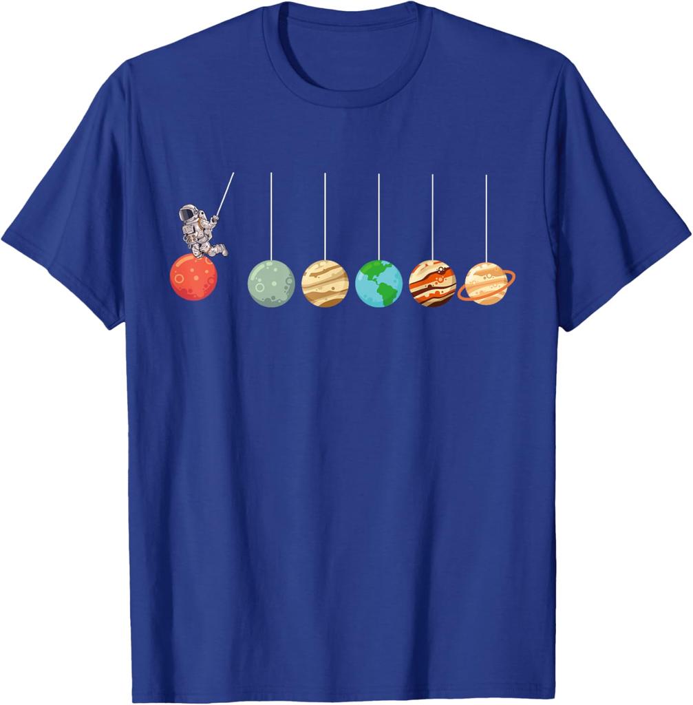 Solar System Pendulum Astronaut Graphic Tee Funny Science Enthusiasts Casual Short Sleeve T-Shirt