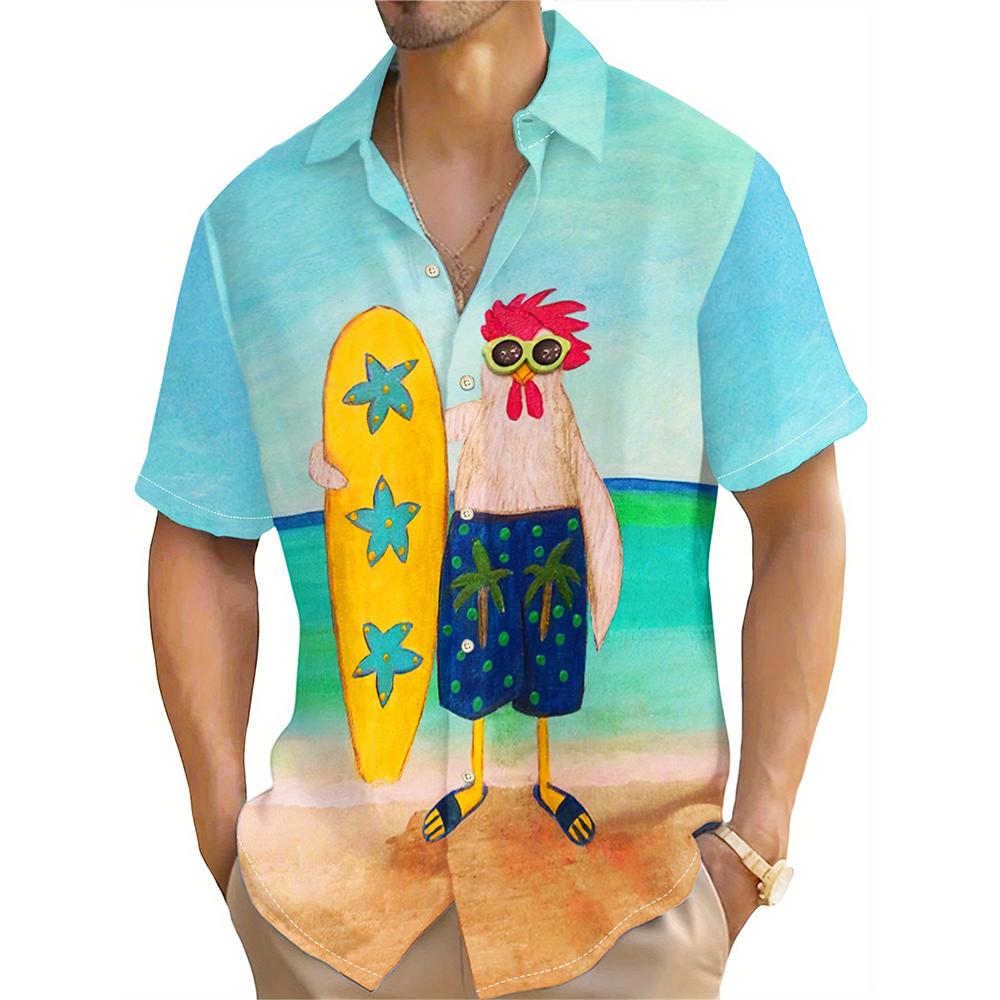 Summer Funny Beach Vacation Chicken Print Men's Short Sleeve Shirt Hawaiian Seaside Vacation Wear Oversized Men's Shirts Top