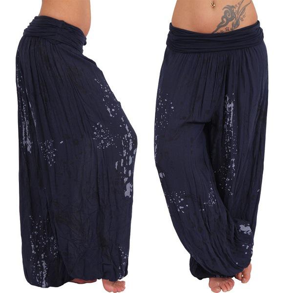 Women Casual Boho Print Pants Wide Leg Pants Loose Pocket Button Pants
