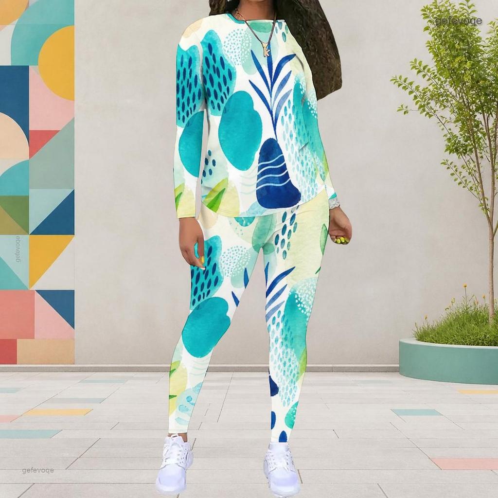 Women Plus Size Round Neck Long Sleeve Printed Top And Fitted Pants Two Piece Set