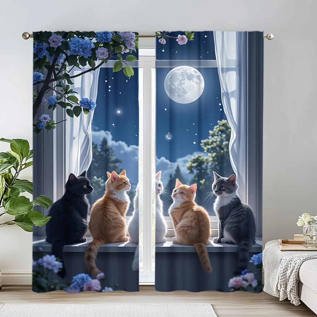Flat Printed Dreamy Cat Printed Curtains, Pole Bag Curtains, Bedroom and Living Room, Home Decoration, Room Decoration