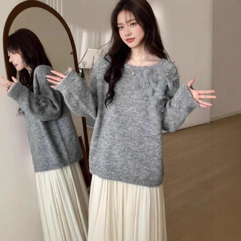 2026 Herbst/Winter Damen Übergröße 3D Floral Strick Rundhals Pullover