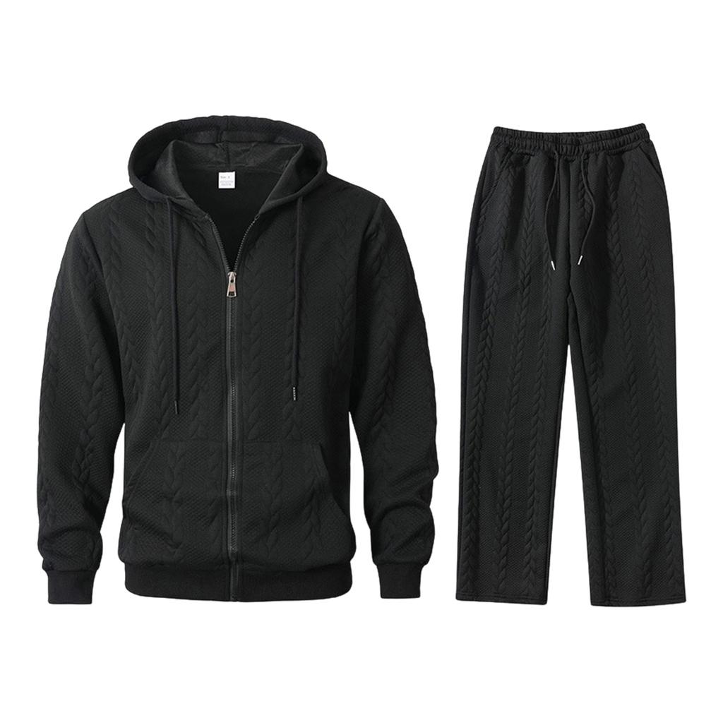 Men's Color Two Piece Hooded Zip Up Set, Casual Loose Fit Outfit
