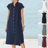 Abito estivo da spiaggia taglie forti con colletto alto, abbottonatura a bottoni, maniche corte, vestibilità ampia, abito midi casual da donna con tasca