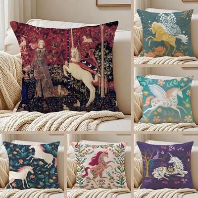 Mystical Fantasy Art Medieval Unicorn Cushion Cover Pillowcase Anti-Dustmite Invisible Zipper Short Plush Sofa Cushion