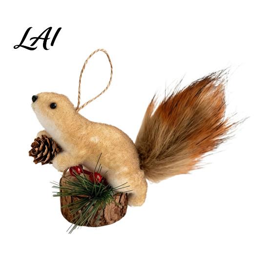 Cute Fluffy Squirrel Figurine Christmas Ornaments for Tree Felt Plush Woodland with Pine Winter Seasonal Tree Cone Hanging Forest Animal Decoration