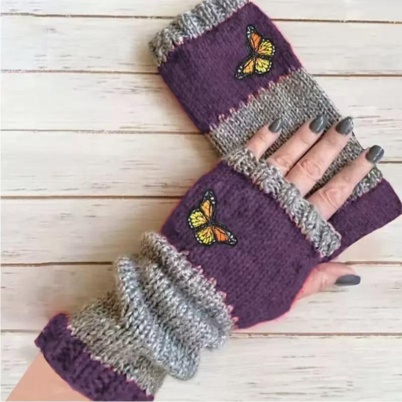 Gants en tricot sans doigts avec broderie de chat et patchwork, Gants décontractés ouverts aux doigts tendance pour femme, Mitaines chaudes d'hiver sans doigts