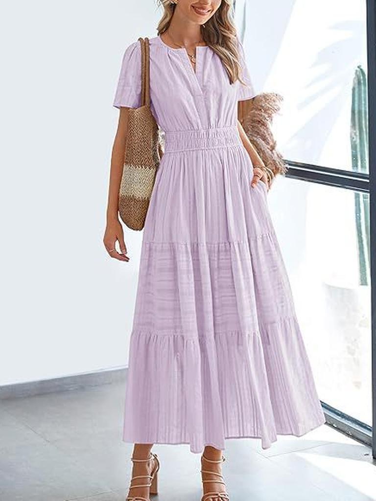 Spring/Summer Women's Fashion V-Neck Ruffled Bubble Sleeve Layered Maxi Dress for Women