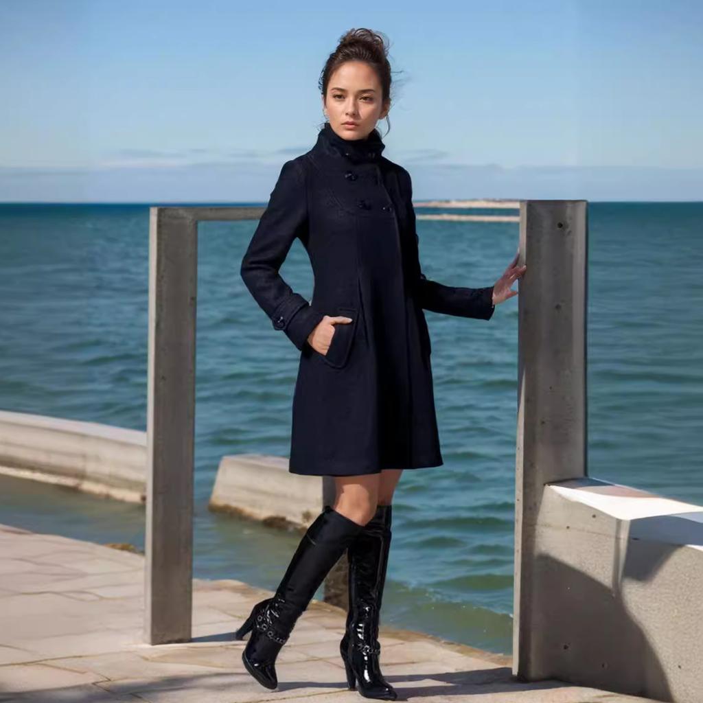 Palton de toamnă și iarnă pentru femei, lungime medie, cu glugă, pelerină cu două rânduri de nasturi, trenci pentru damă