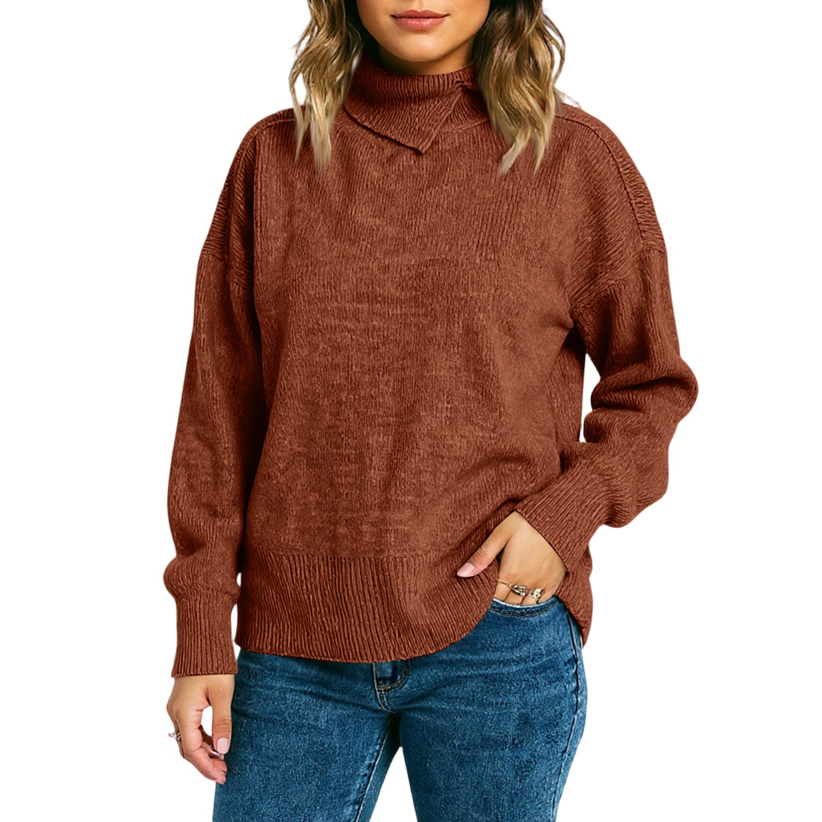 

Женский простой повседневный свитер с высоким воротником, трикотажный пуловер однотонного цвета с нерегулярным разрезом L коричневый