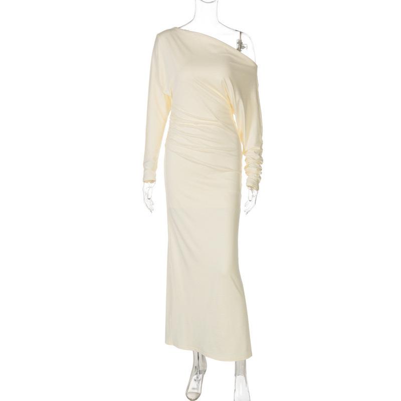 

European & American Women s Off-Shoulder Long Sleeve Slim Fit Dress Small абрикосовый